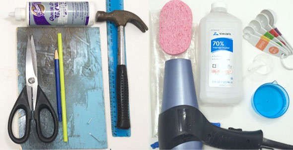Glue, scissors, pencil, straw, hammer, ruler, hair dryer, sponge, zip top bag, rubbing alcohol, measuring spoons and cups