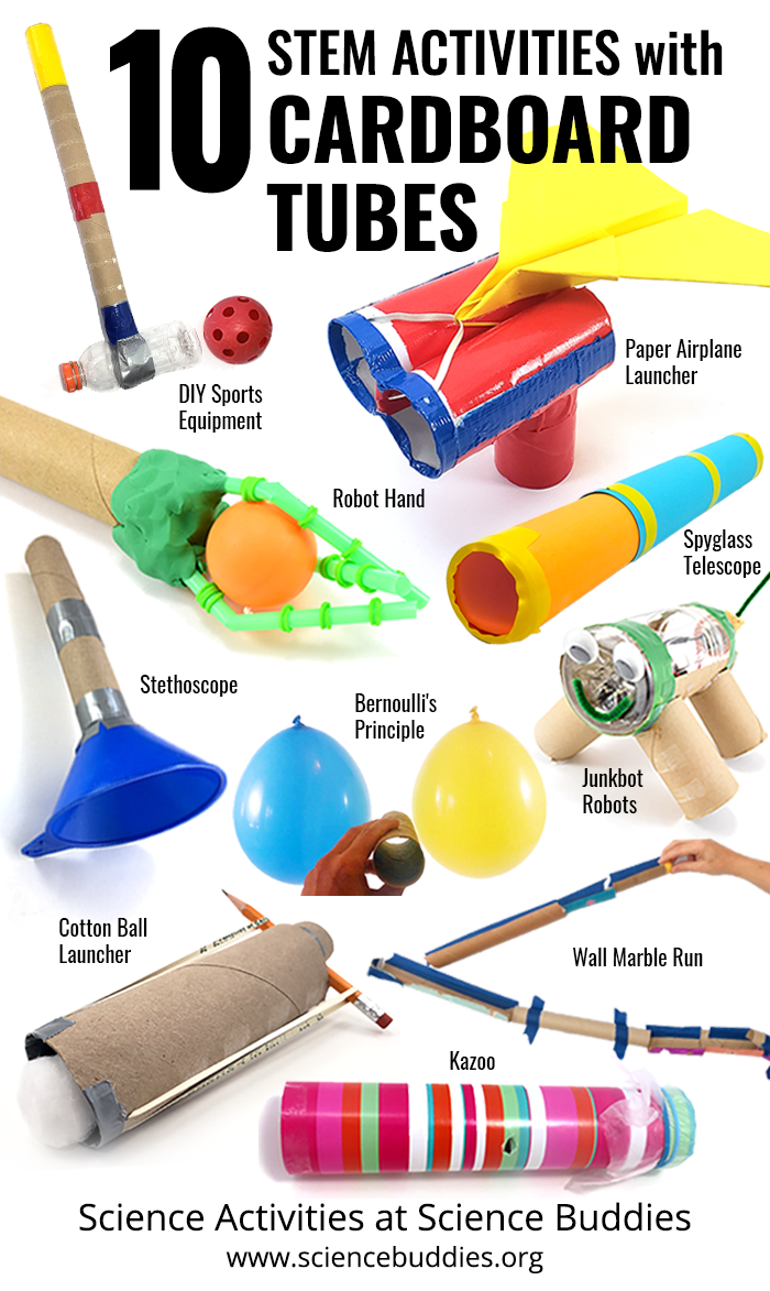 Photo collage of ten STEM activities that use cardboard tubes like toilet paper or power towel rolls