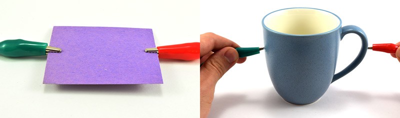 Two photos of alligator clips attached to paper on the left and pressed against the sides of a mug on the right