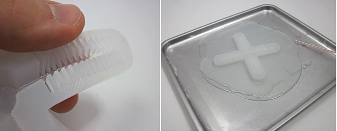 Two photos show ridges on a cross-shaped silicone mold being pressed down onto a large sheet of silicon in a baking sheet
