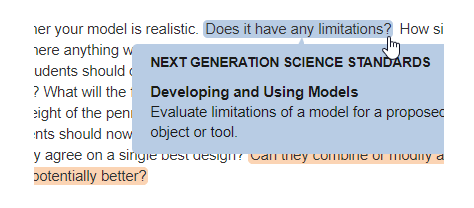 Cropped screenshot of text highlighted based on NGSS alignment and a detailed pop-up of the NGSS