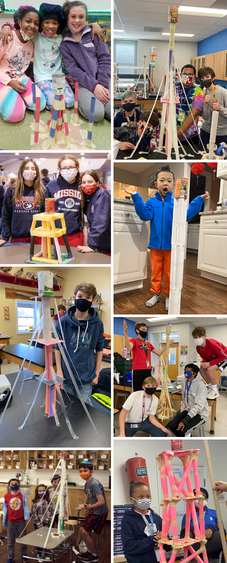 Collage of students with the paper towers they built for the 2021 Engineering Challenge.