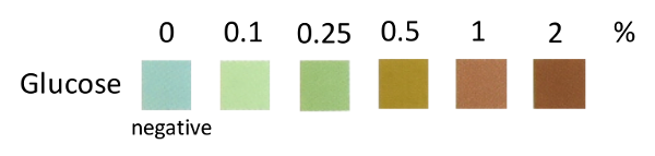 Color chart for glucose test strips has six squares of varying color starting at a light blue for 0% and a dark brown for 2%