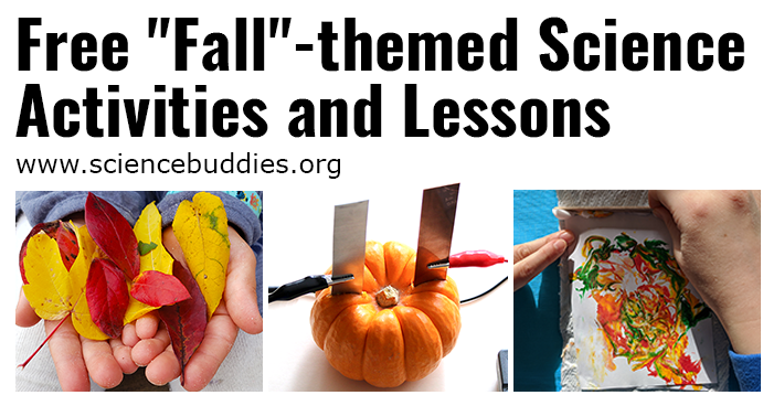 Images of fall leaves, a pumpkin power circuit, and paper marbling to represent collection of fall-themed science activities and lessons