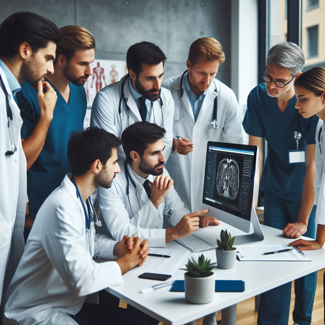 A group of mostly male doctors looking at scans of a human brain on a computer screen.