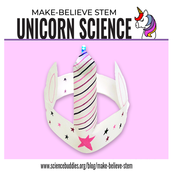 Paper headband with a lightup LED horn paper circuit - Unicorn-themed Make-Believe STEM Science Experiments