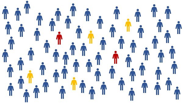 The concept of herd immunity is illustrated by a few infected (red) and susceptible (yellow) people icons in a crowd of immune (blue) people icons.
