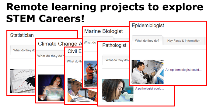 Images of people in various science and engineering careers that students can learn about, like statistician, epidemiologist, microbiologist, and marine biologist
