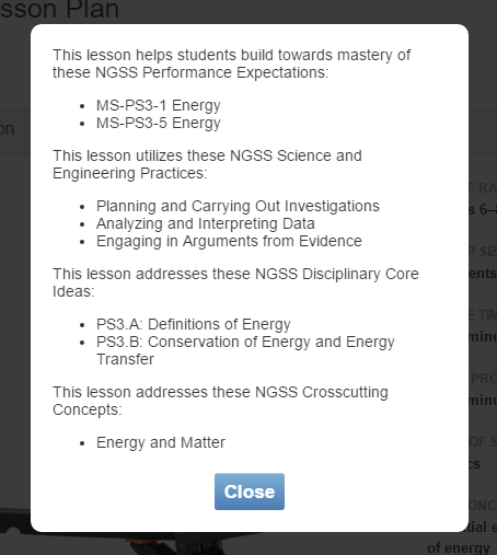 Lesson Plan / Relevant standards for a Lesson Plan are then shown in a popup window