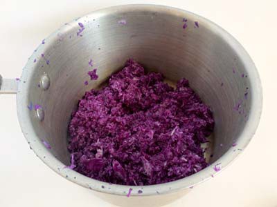 Stainless steel pot filled with grated red cabbage