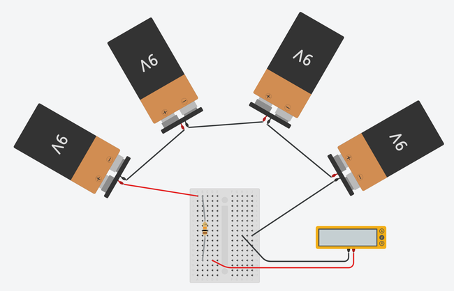 four 9V batteries connected in series using a mini breadboard