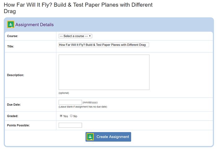 Cropped screenshot of an assignment being created for Google Classroom on ScienceBuddies.org