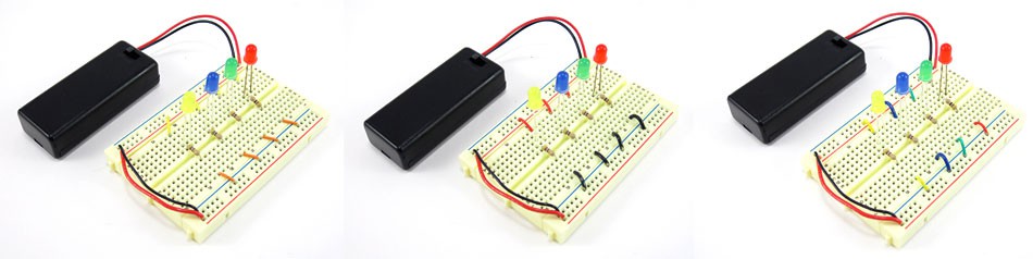 Three photos of a breadboard with LEDs using different color coding methods for the jumper wires