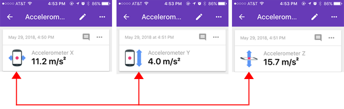 Cropped screenshot of three snapshots of an accelerometer sensor card in the Google Science Journal app