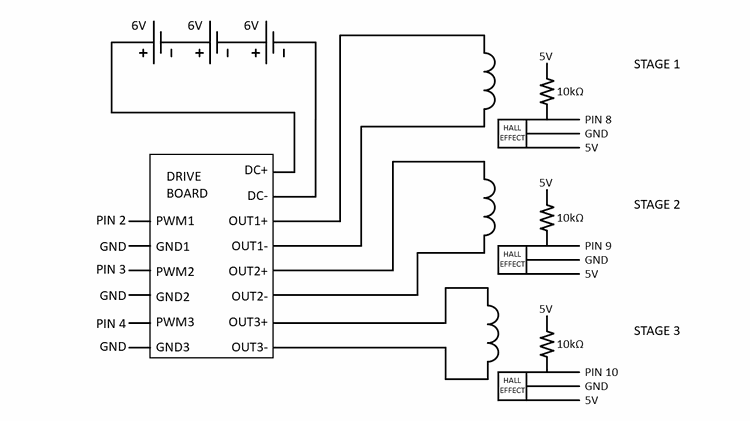Circuit diagram for the Arduino mass driver with MOSFET drive board 