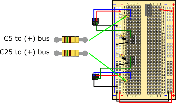 Wiring diagram shows resistors being added in parallel on a breadboard