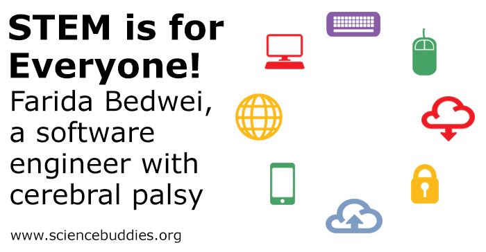 Banner image for STEM inclusivity - icons of computer coding and software development to represent the career focus of Farida Bedwei, a Computer Scientist with Cerebral Palsy, part of the STEM is for Everyone series