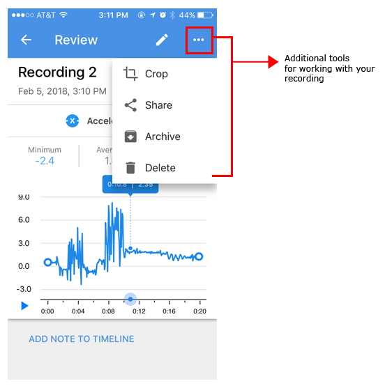 Screenshot of additional tool options for a recording review in the Google Science Journal app