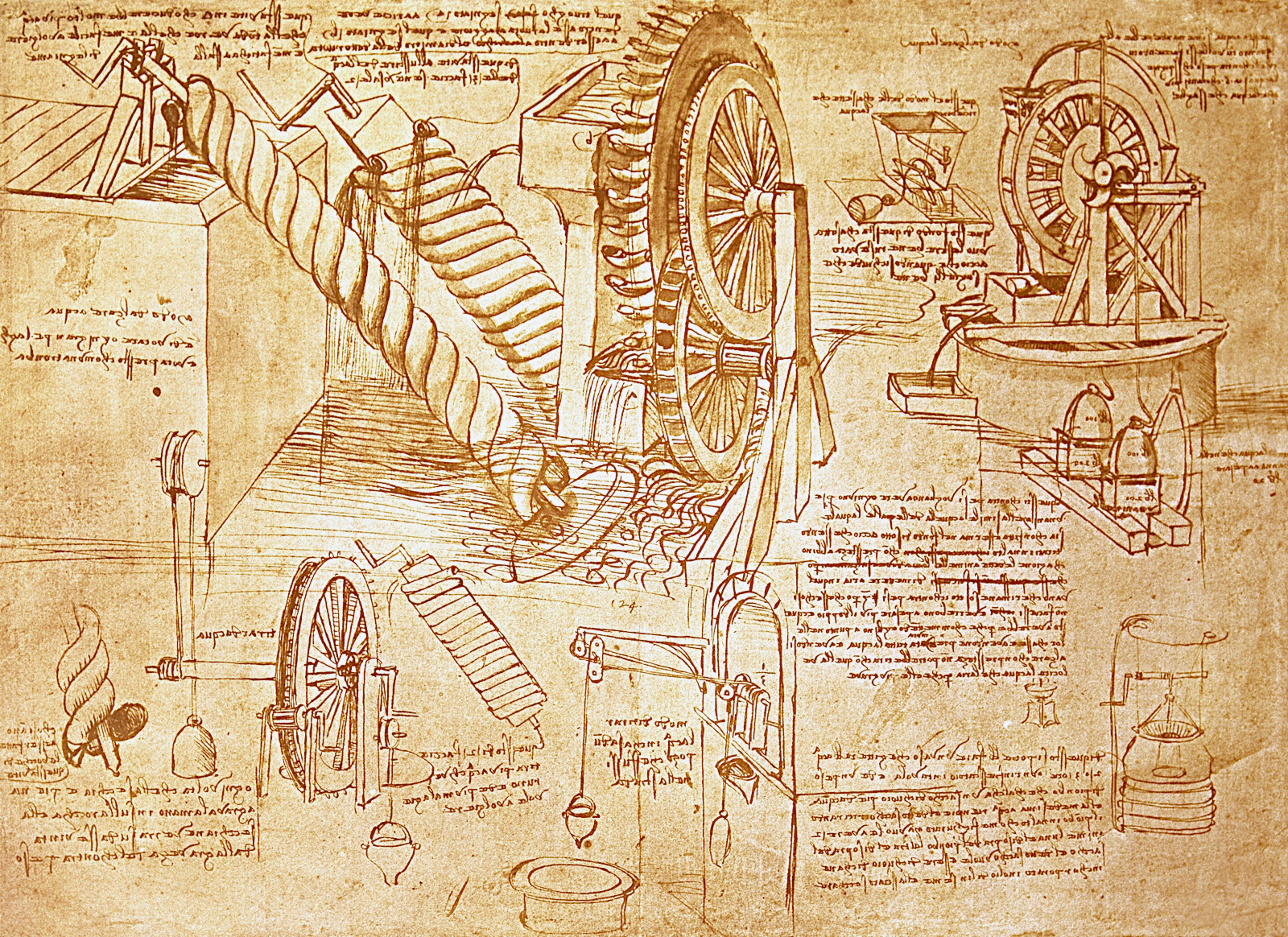 A page from Leonardo da Vinci's "Atlanticus Codex" on waterwheels and Archimedean screws, circa 1478-1519.