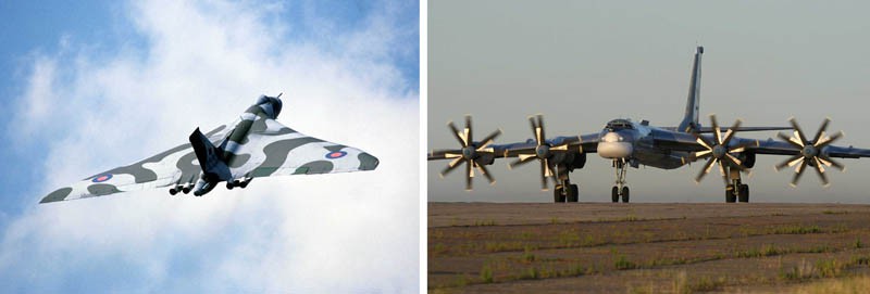 Side-by-side photos of a fighter jet in flight on the left and a large propeller plane on the ground to the right
