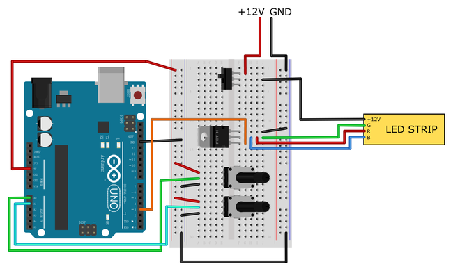 Circuit from Figure 1 with two potentiometers added to the breadboard 