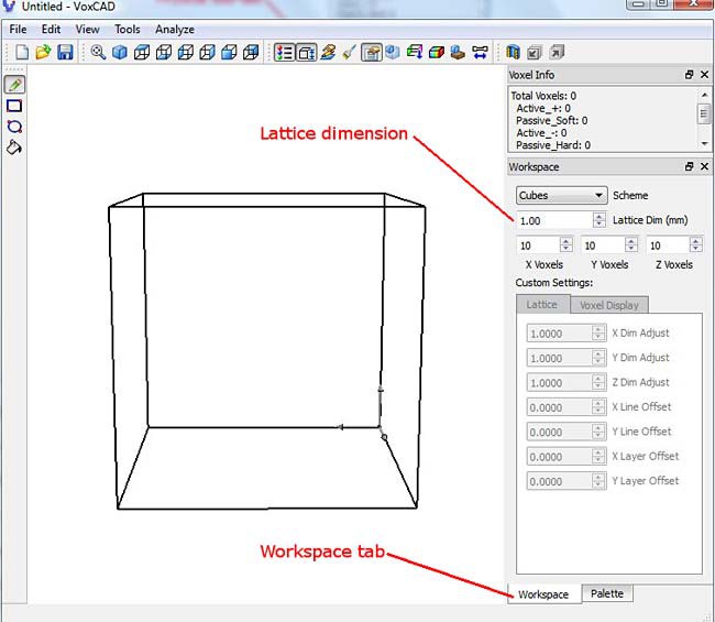 Screenshot shows dimensions of a cube in the program VoxCAD