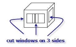 Drawing of a box with windows cut on three adjacent side walls