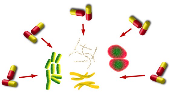 Drawing of four bacteria surrounded by pills