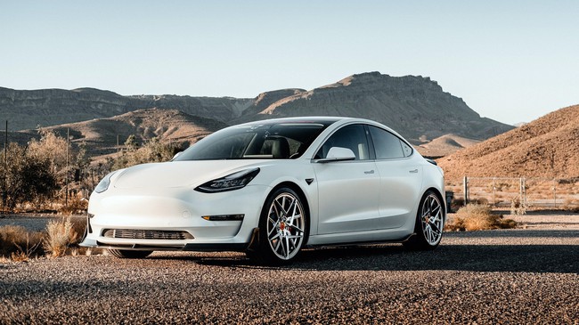 White Tesla sedan parked on a gravel road. 