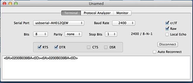 Screenshot of the program SerialTools displaying incoming data from a RFID reader that is plugged into a computer