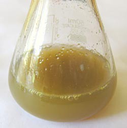 An erlenmeyer flask contains a murky grey solution