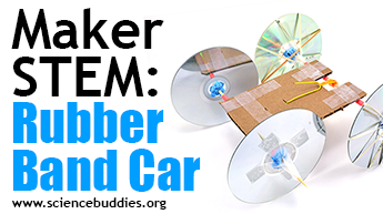Makerspace STEM: rubberband-powered car made from compact discs and recycled materials