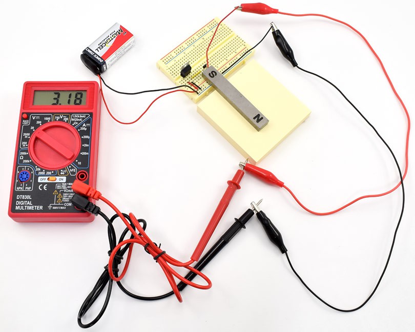 Completed breadboard circuit for a gaussmeter