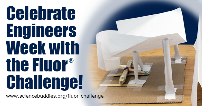 Banner for the 2019 Fluor Engineering Challenge shows a ball catcher and launcher made from paper, popsicle sticks and tape