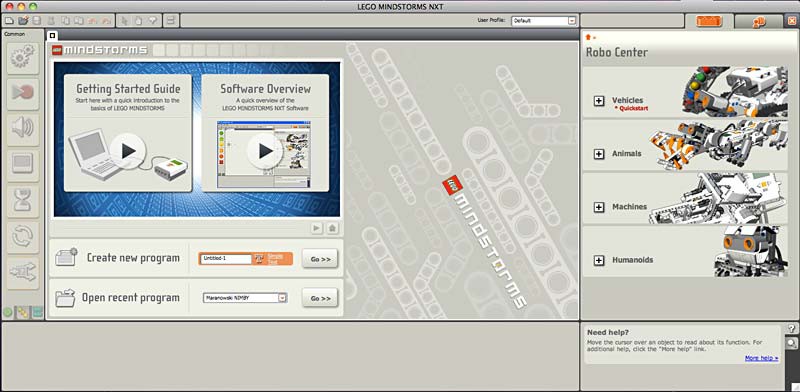 Screenshot of the opening screen to the program Mindstorms NXT-G