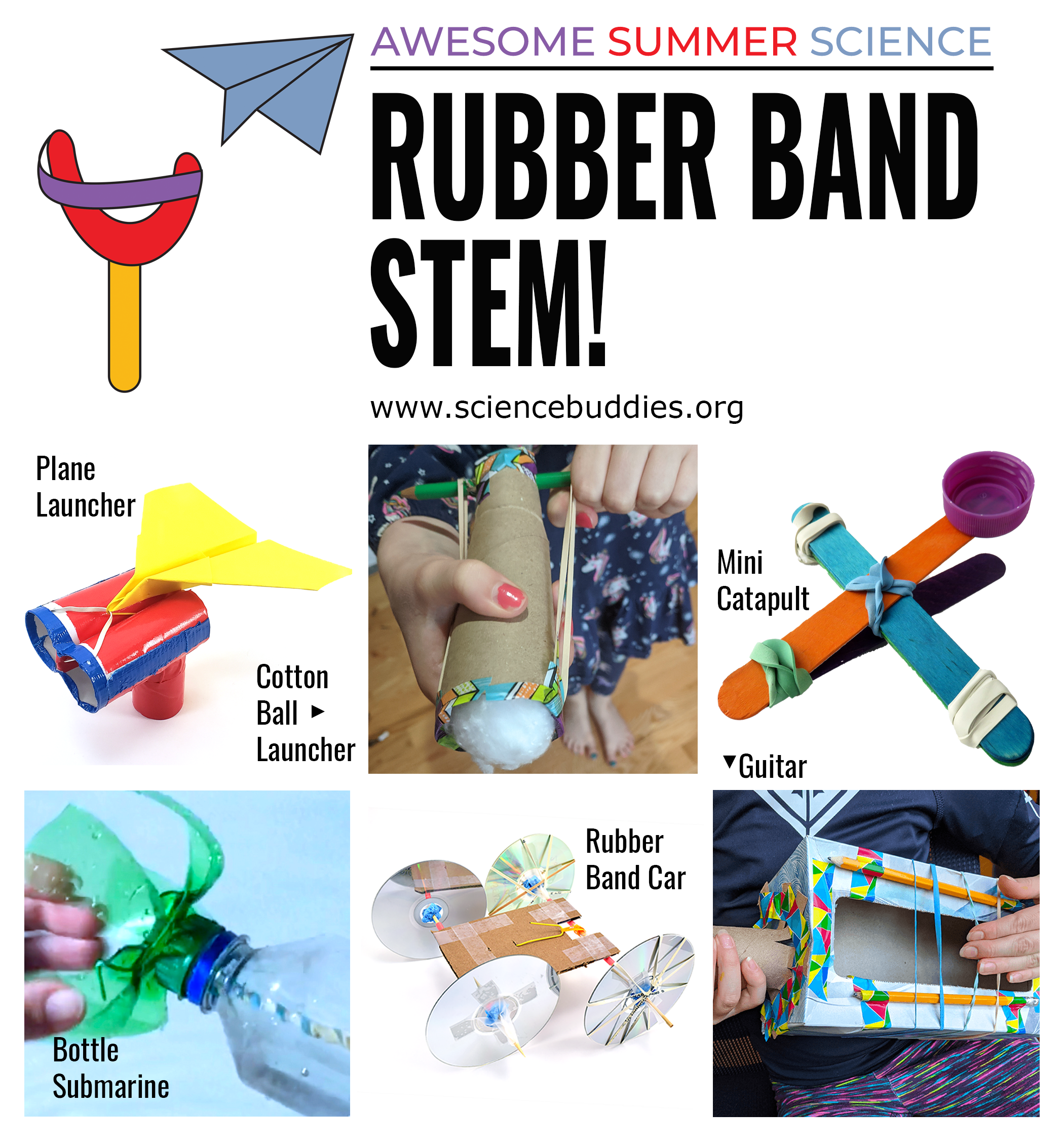 Rubber band stem activities, including rubber band guitar, rubber band car, paper airplane launcher, and popsicle stick catapult - part of Awesome Summer Science Experiments series