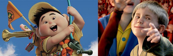 Photos of a boy from the Disney movie Up on the left and a boy from the Warner Brothers movie Polar Express on the right