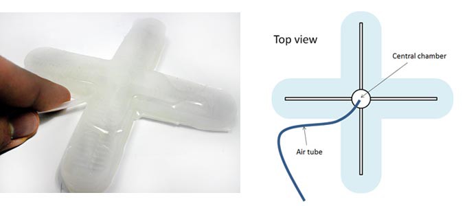 Photo of a cross-shaped silicon robot to the left of a diagram for a silicon robot