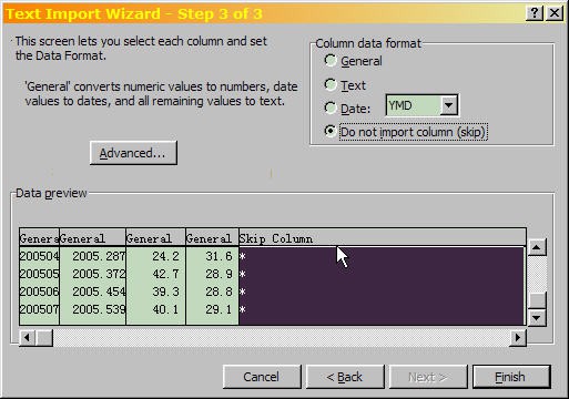 Cropped screenshot shows excluded data in step three of the text import wizard in Microsoft Excel