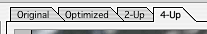 Cropped screenshot of four tabs in the program Photoshop labeled original, optimized, 2-up and 4-up