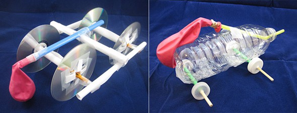 Two example balloon powered cars made from CDs, paper and pens as well as from plastic bottles and straws