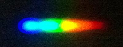A diffraction grating separates light passing through water into a color spectrum from blue on the left to red on the right