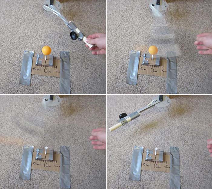 A ping pong ball is hit when the arm of the catapult is pulled back and released