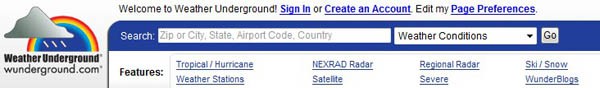 Screenshot of the header for the website wunderground.com has a search bar and featured links