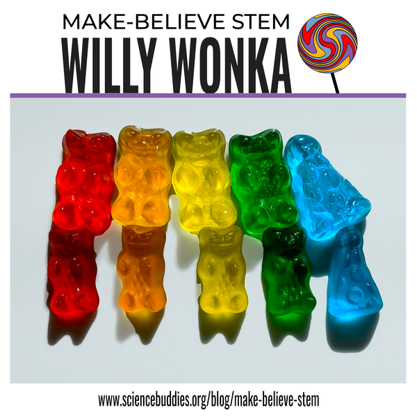 Colorful gummies in a row, ones that have expanded above ones that are regular size - part of Willy Wonka-inspired Make-Believe STEM Science Experiments