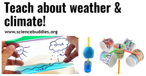 Water cycle model in a plastic bag, homemade thermometer, and anemometer made from small cups to represent collection of STEM lessons and activities to teach about weather