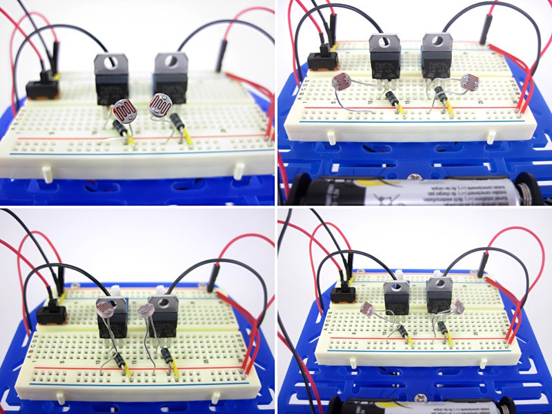 Two light sensors are placed in four different orientations on a breadboard