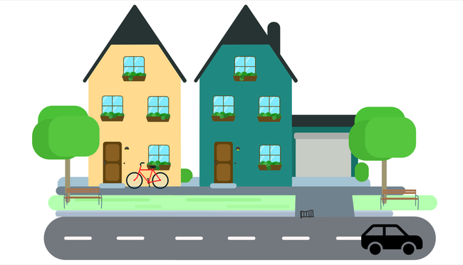 An illustration of two streets with attached garage along a paved street. Except for a narrow strip of green between the sidewalk and the street, there are only impervious surfaces.  
