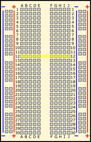 Drawing of a breadboard with row 12 highlighted in yellow