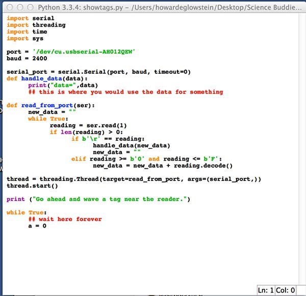 Screenshot of code for a sample Python program to display RFID tag data